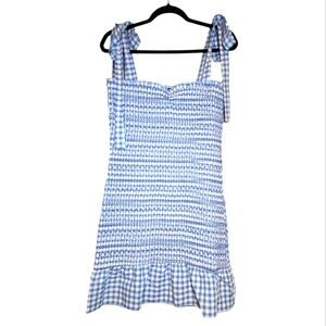 NWOT Vici Smocked Blue & White Plaid Mini Dress Size Large Spring Summer